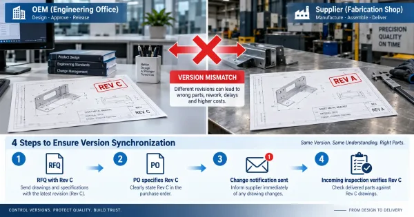 Diagram showing version mismatch between OEM and supplier with four synchronization steps to ensure correct revision delivery