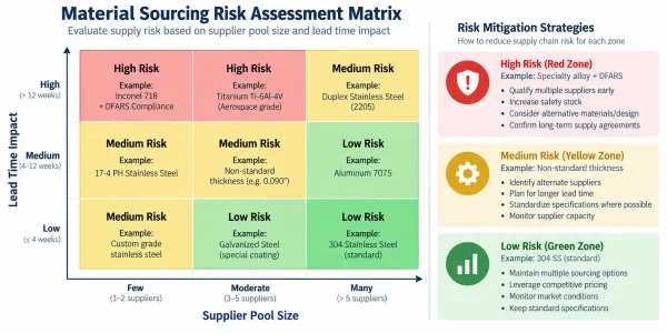 Risk assessment matrix showing supply risk factors for special material requirements with mitigation strategies