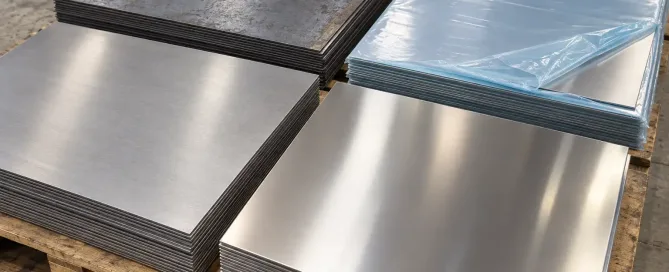 Stacks of raw steel and stainless sheets with different as-delivered surface conditions including mill finish, bright annealed, oiled, and protective film