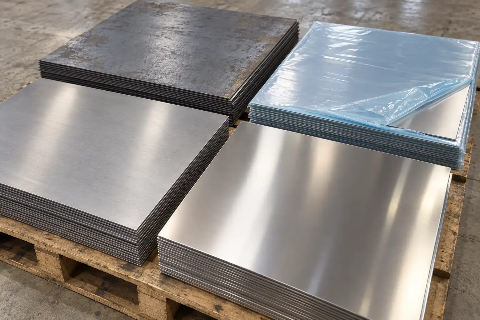 Stacks of raw steel and stainless sheets with different as-delivered surface conditions including mill finish, bright annealed, oiled, and protective film
