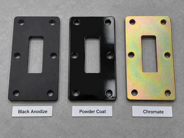 Comparison of three aluminum surface finishes: black anodizing, black powder coating, and chromate conversion coating.