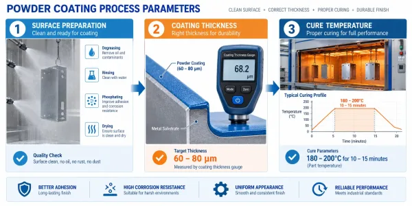 Diagram showing powder coating process parameters including coating thickness, cure temperature, and surface preparation quality