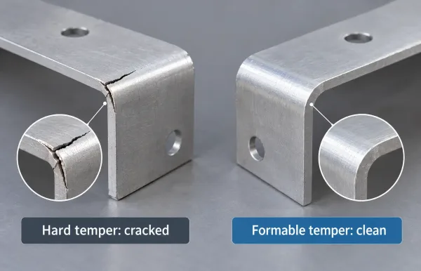 Comparison of cracked hard-temper aluminum flange versus cleanly formed soft-temper flange