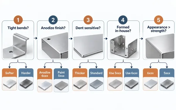Decision flow for choosing aluminum temper on cosmetic enclosures based on bends, finish, and handling