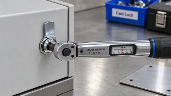 Torque wrench measuring rotational force on a cam lock during functional check of sheet metal enclosure