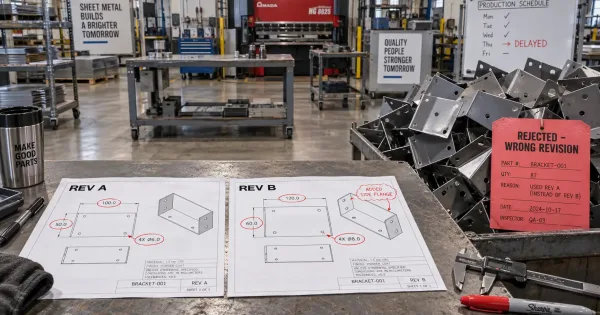 Scrap sheet metal parts caused by version confusion between REV A and REV B engineering drawings