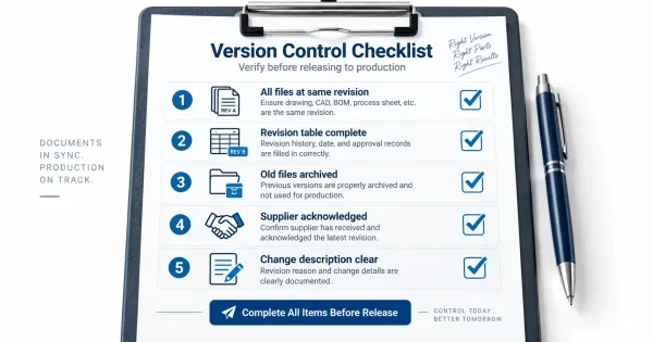 Version control checklist with five verification items before releasing engineering files to production