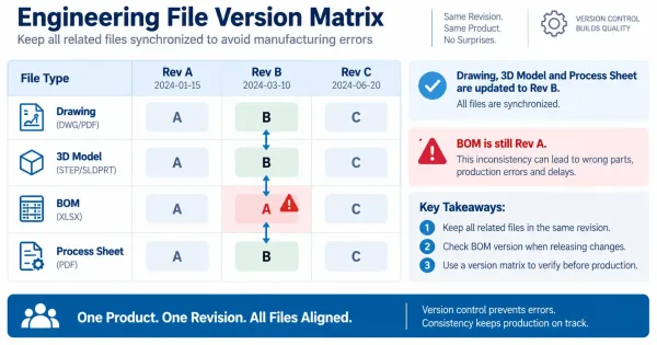 Version matrix showing synchronized revision status across drawing, 3D model, BOM, and process sheet with one file inconsistency highlighted