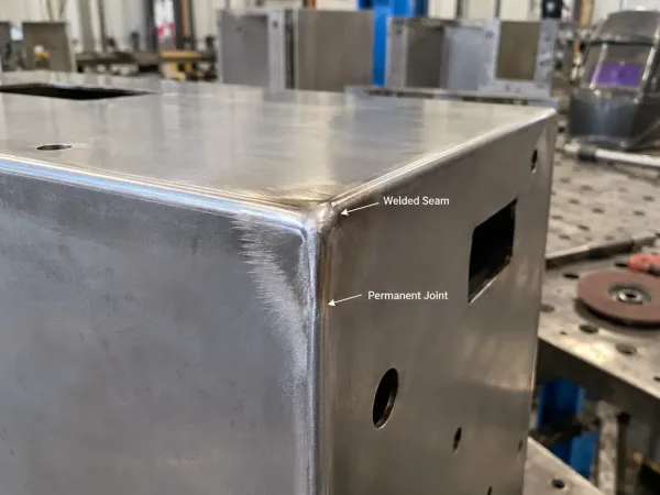 Close-up of a welded corner on a sheet metal enclosure