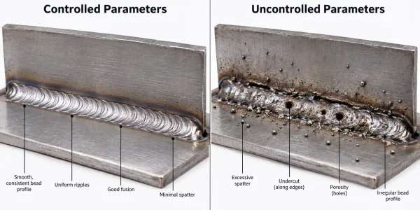 Comparison of weld bead quality showing proper welding parameters versus improper parameter settings on sheet metal