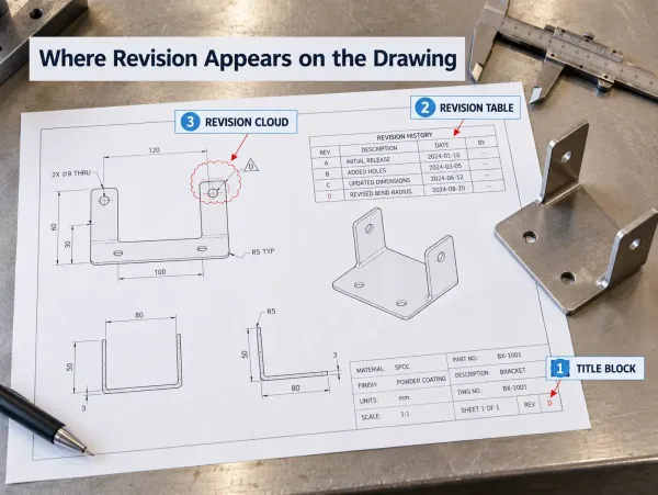 Engineering drawing showing title block revision table and revision cloud locations