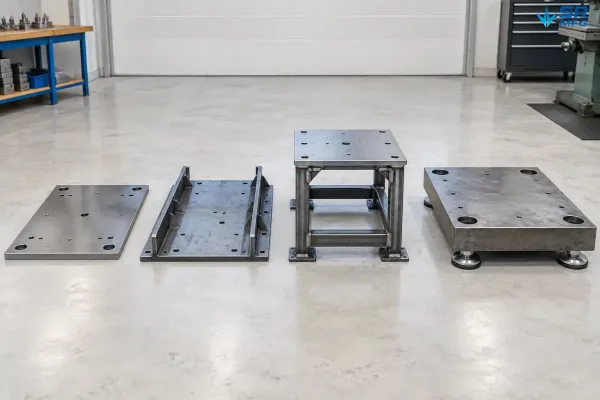 Comparison of flat, formed-reinforced, welded frame, and anchor-ready machine base plate structures