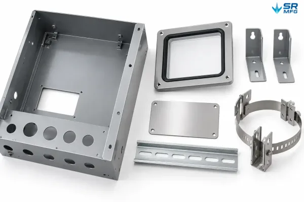 Custom outdoor enclosure options including cutouts, viewing window, nameplate, and mounting hardware