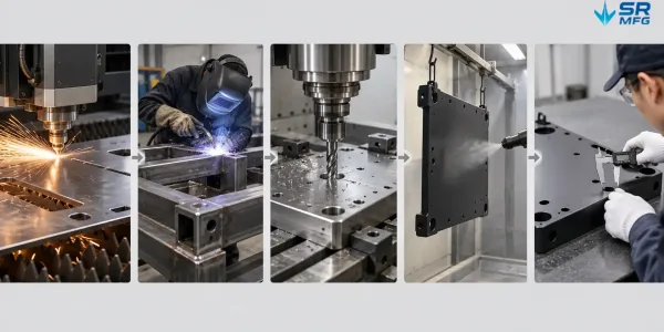 Sheet metal base plate manufacturing process from laser cutting to welding, machining, finishing, and inspection
