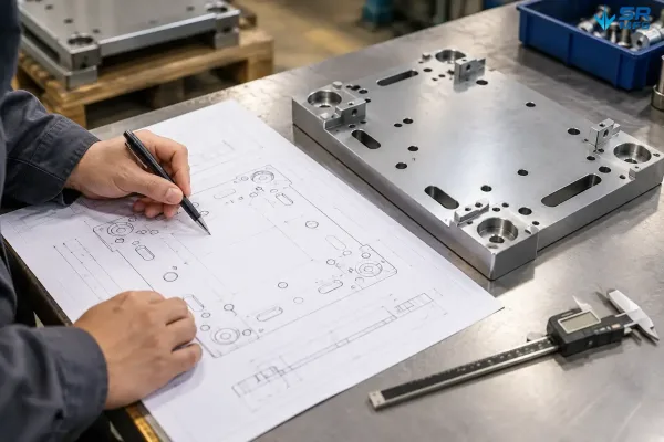Engineer reviewing a mounting plate drawing and matching it to a fabricated custom base plate