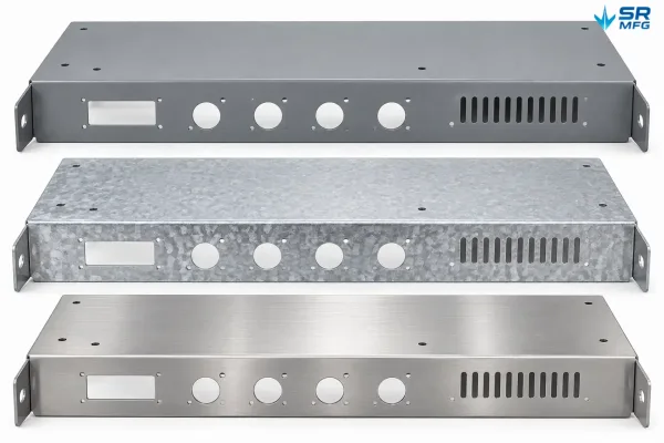 Powder-coated carbon steel, galvanized steel, and stainless steel enclosure panel finish comparison