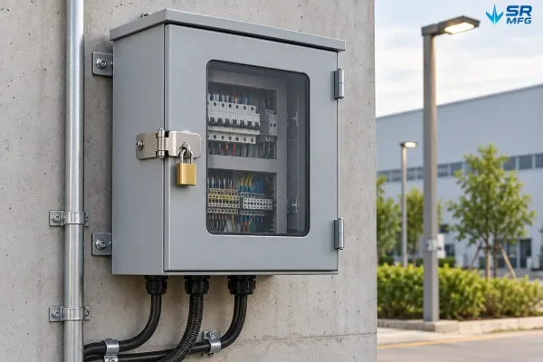Wall-mounted outdoor lighting control enclosure with viewing window and padlock hasp