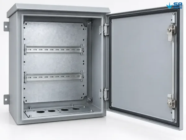 Open outdoor electrical enclosure showing mounting plate, DIN rail space, and cable entry