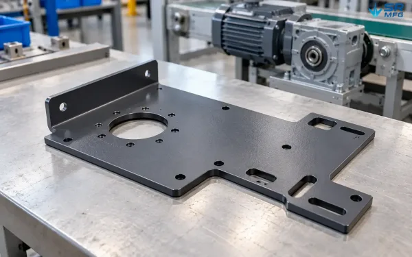 Custom carbon steel mounting base plate with motor bolt circle and irregular floor anchor pattern