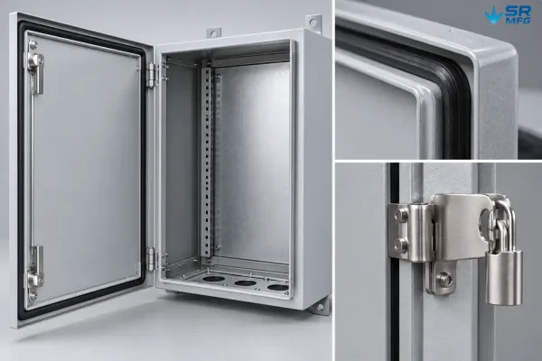 Sheet metal outdoor enclosure with reinforced door, gasket seal, and locking hardware for harsh environments