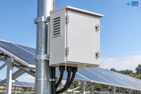 Pole-mounted outdoor electrical enclosure with sealed cable glands for solar tracking equipment