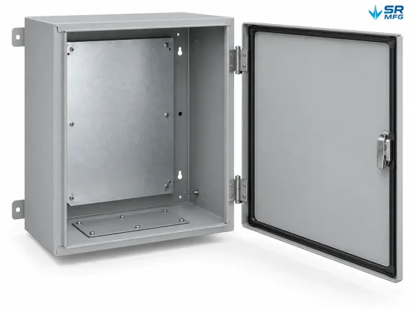 Structural layout of outdoor electrical enclosure with body frame, hinged door, mounting panel, and cable entry system
