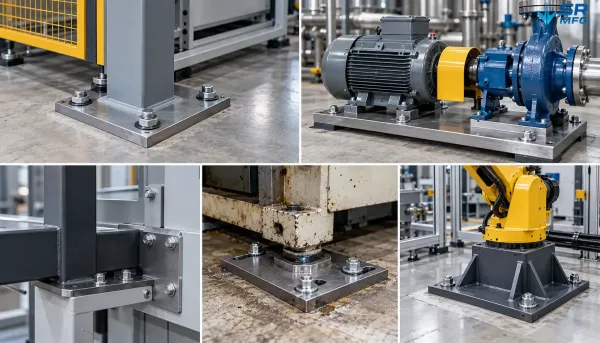Machine mounting base plates used for floor equipment, motor pumps, frames, retrofits, and automation cells