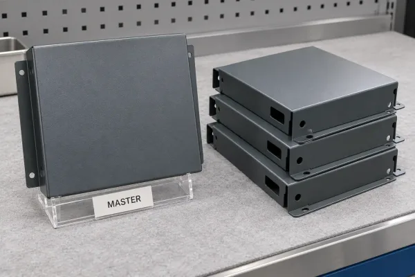 Approved master color panel compared with production coated parts at incoming inspection