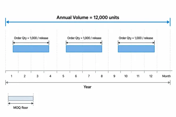 Comparison of annual volume, order quantity, and MOQ on one timeline