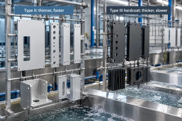 Aluminum parts on anodizing racks near process tanks with Type II and Type III cycle labels
