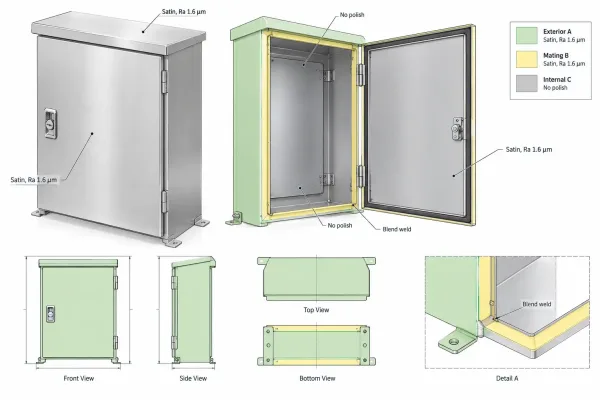 Engineering drawing of a stainless steel enclosure with exterior appearance zones and finish callouts