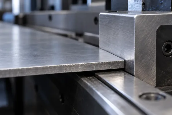 Close-up of sheet metal blank in full contact with a press brake backgauge finger