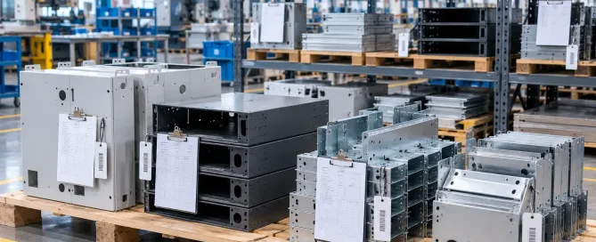 Sheet metal production batches labeled and separated on a fabrication shop pallet