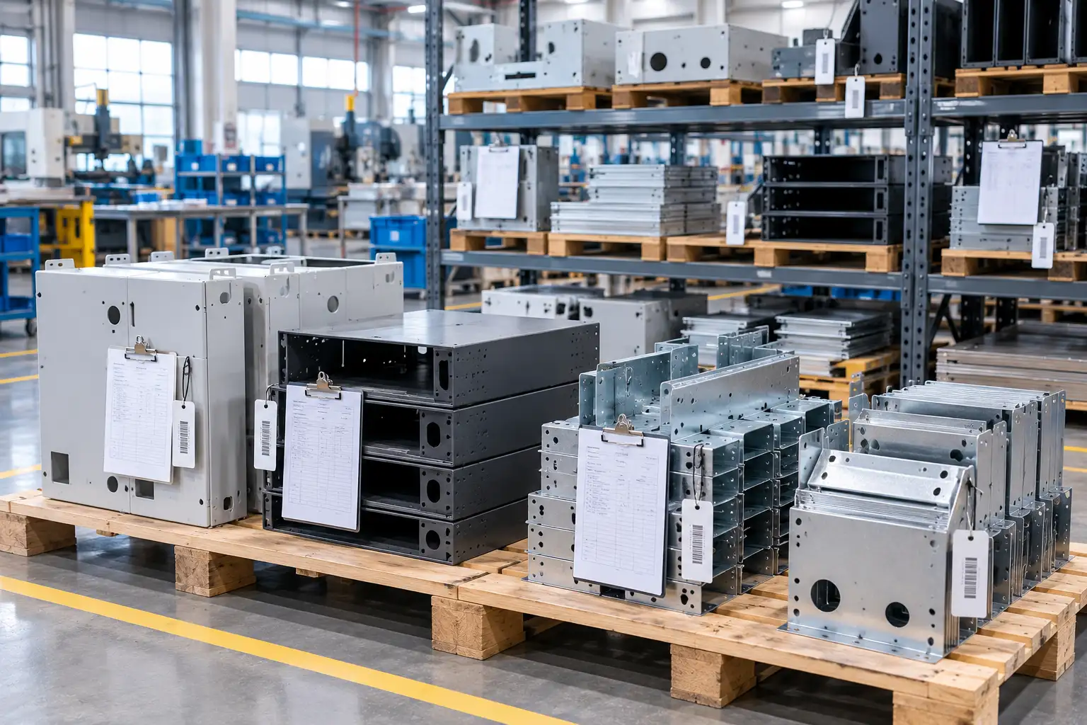 Sheet metal production batches labeled and separated on a fabrication shop pallet