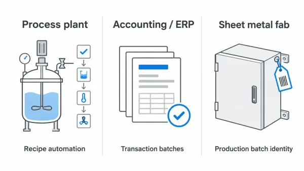 Diagram comparing process-plant batch control, accounting batch control, and sheet metal fabrication batch control