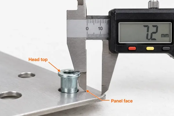Caliper jaw placement on panel face and rivet nut head for height measurement