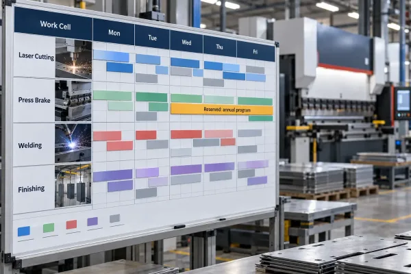 Sheet metal shop capacity board with reserved production windows