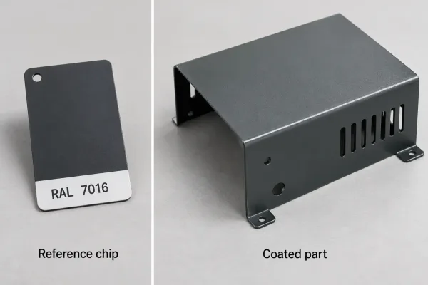 Side-by-side comparison of a small color reference chip and a larger coated steel cover with a slight color mismatch