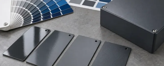 RAL fan deck, Pantone-style chips, and powder-coated sheet metal panels arranged for industrial color matching