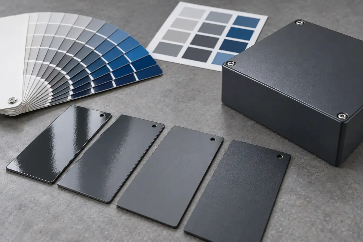 RAL fan deck, Pantone-style chips, and powder-coated sheet metal panels arranged for industrial color matching