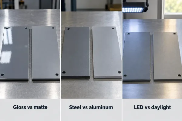 Three panels showing color shift from gloss level, substrate, and lighting conditions