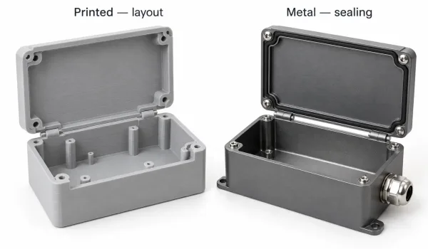 Side-by-side 3D printed enclosure prototype and production-intent sheet metal enclosure prototype