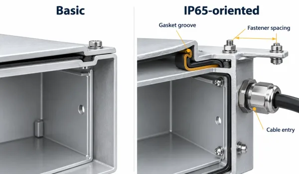 Comparison of a basic gasket flange versus an IP65-oriented sealed joint with groove, fastener spacing, and cable entry