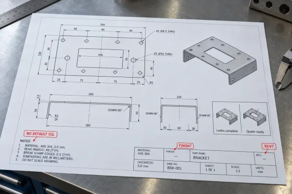 Sheet metal drawing that looks fully dimensioned but lacks default tolerance, finish, and revision callouts for accurate quoting