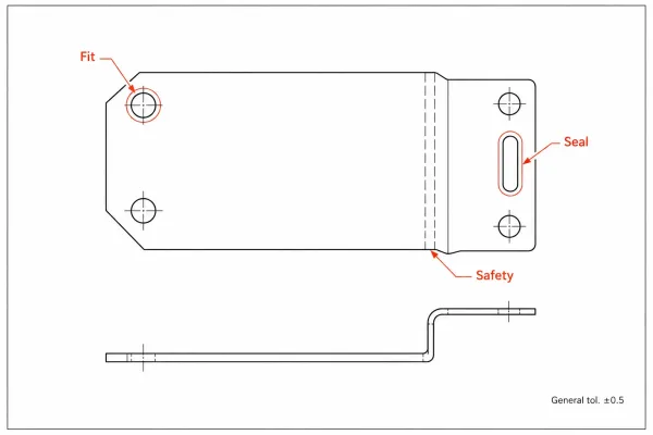 Sheet metal part drawing showing tight tolerances only on critical features and general tolerances elsewhere