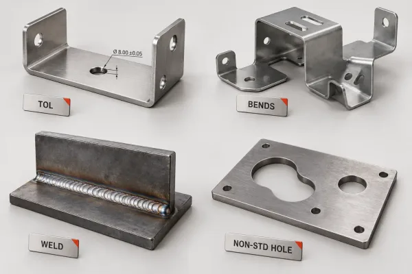 Comparison visual of sheet metal design features that increase cost: tight tolerance, extra bends, welds, and non-standard holes
