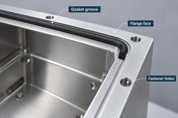 Close-up engineering detail of a sheet metal gasket groove and flange face with fastener holes