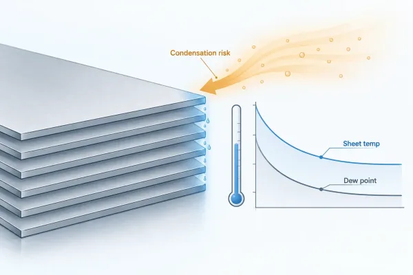 Diagram of dew point and condensation risk on sheet metal stock