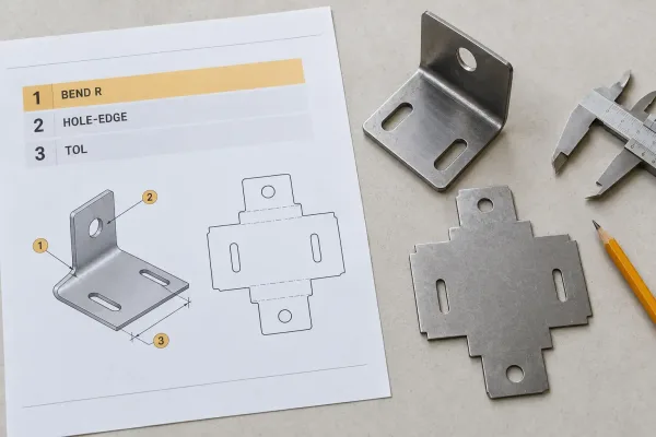 Sheet metal parts next to a DFM review findings sheet with impact-ranked items and change requests