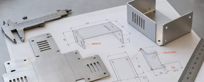 Engineer’s desk with a sheet metal enclosure drawing, flat pattern, and DFM review annotations for manufacturability